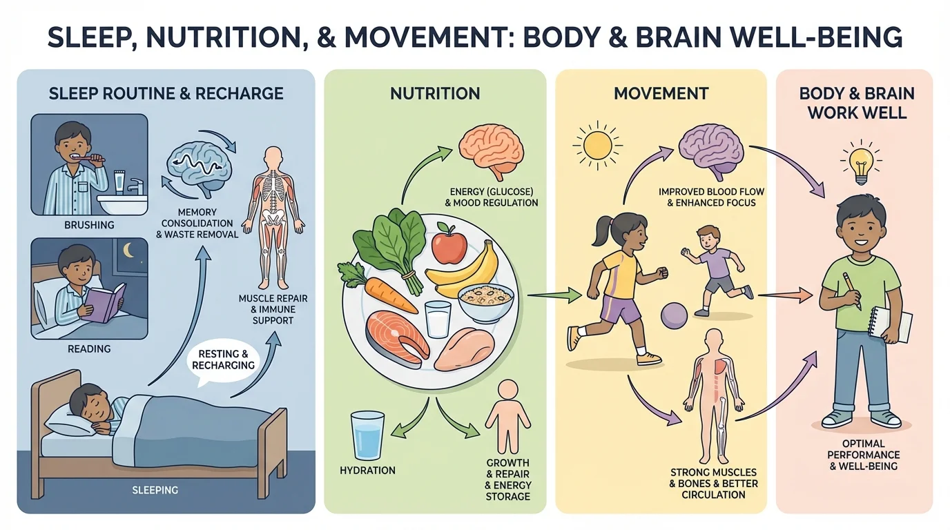 child bedtime routine with dim lights, brushing teeth, reading a book, then sleeping in bed while simple brain and body symbols show resting and recharging