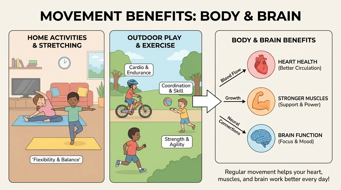 child doing several kinds of movement at home and outdoors including stretching, dancing, walking, biking, and tossing a ball, with simple labels for heart, muscles, and brain benefits