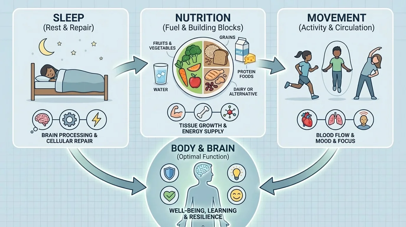 child-friendly balanced plate with sections for fruits and vegetables, grains, protein foods, dairy or dairy alternative, and a glass of water beside the plate