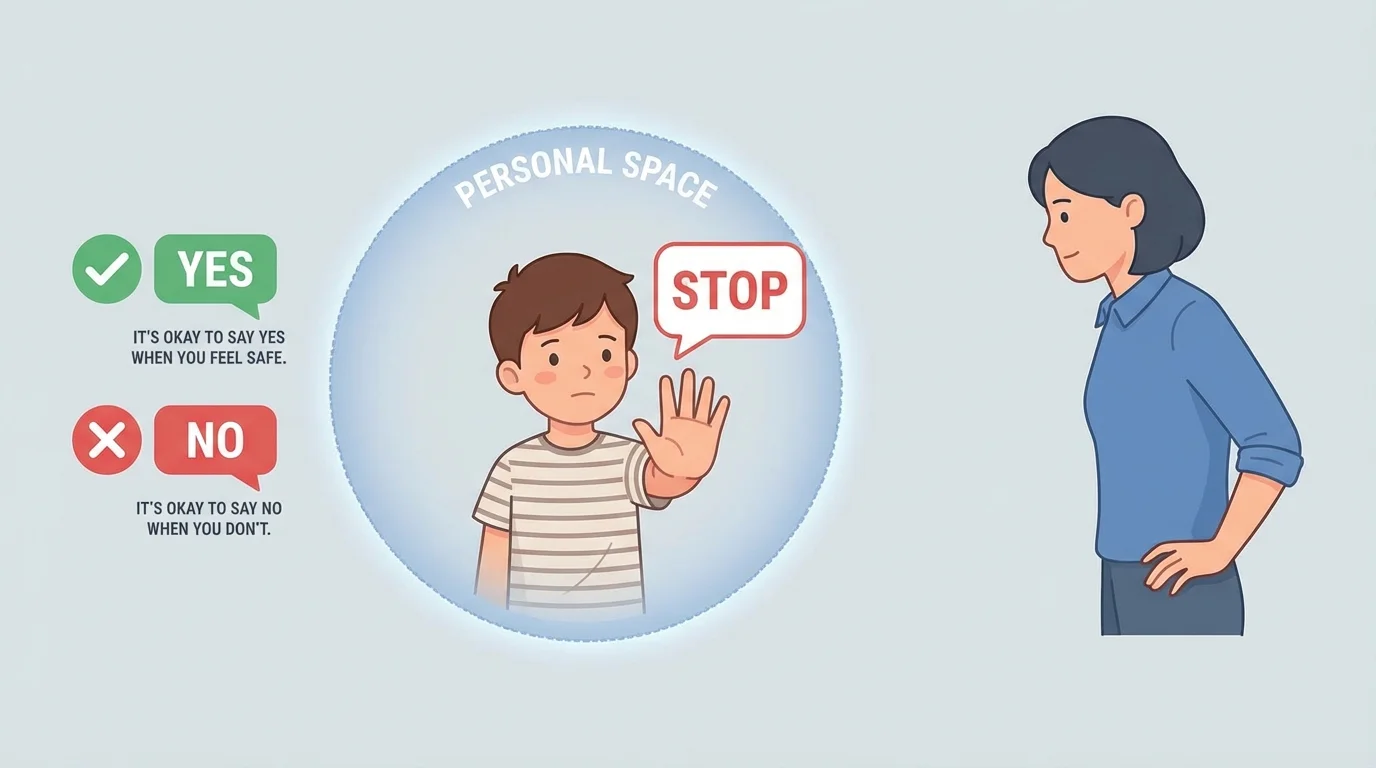 child holding up a hand saying stop while another person stands at a respectful distance, with simple labels for yes, no, and personal space