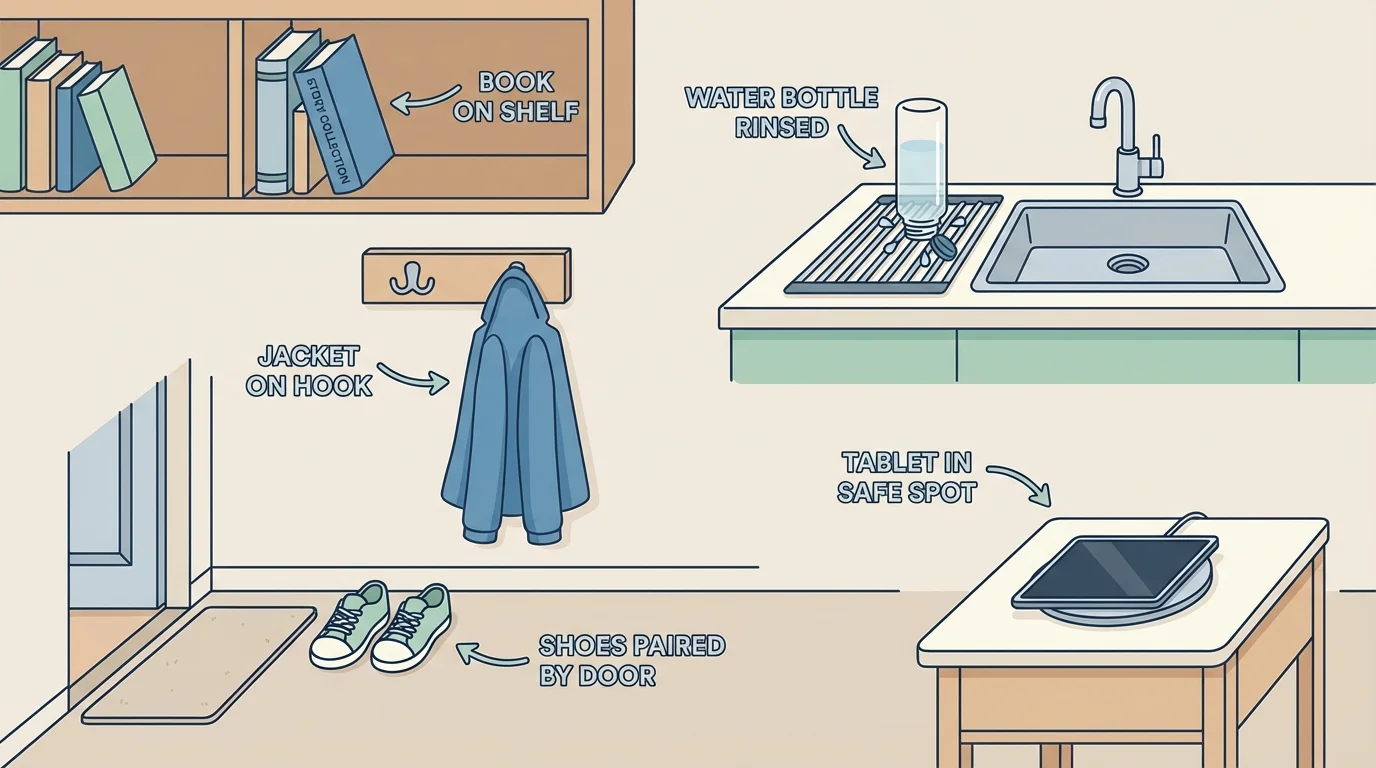 labeled scene with book on shelf, shoes paired by door, tablet in safe spot, water bottle rinsed, jacket on hook