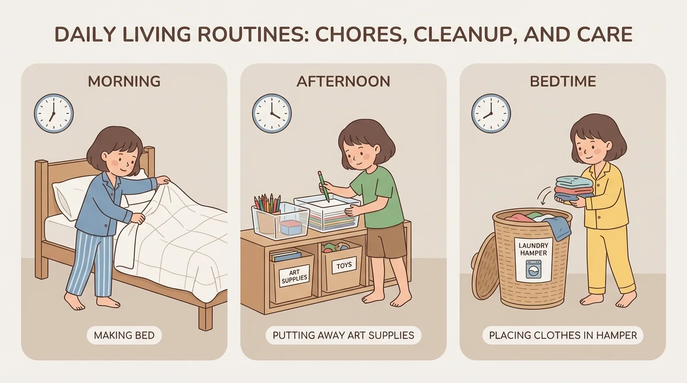 child doing simple chores in three parts of the day—morning making bed, afternoon putting away art supplies, bedtime placing clothes in hamper