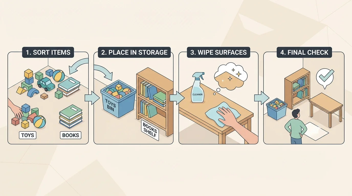 four-step cleanup flow showing toys/books sorted, items put in bins, table wiped, and room checked for anything left out