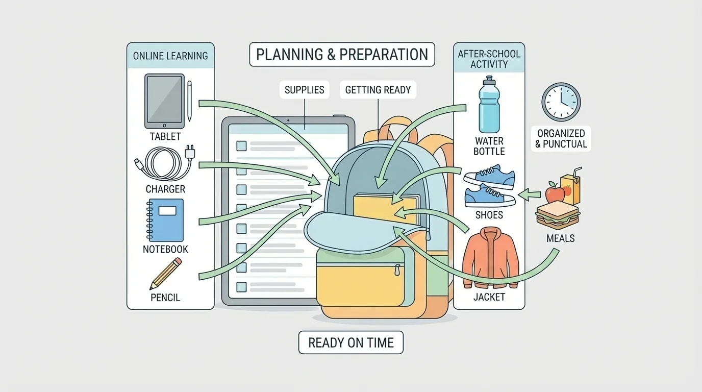 Backpack and room checklist showing tablet, charger, notebook, pencil, water bottle, shoes, and jacket sorted into simple groups for online learning and an after-school activity