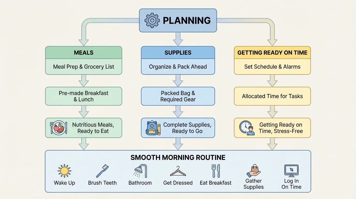 Morning routine flowchart with simple boxes and arrows: wake up, get dressed, bathroom, brush teeth, eat breakfast, gather supplies, log in on time