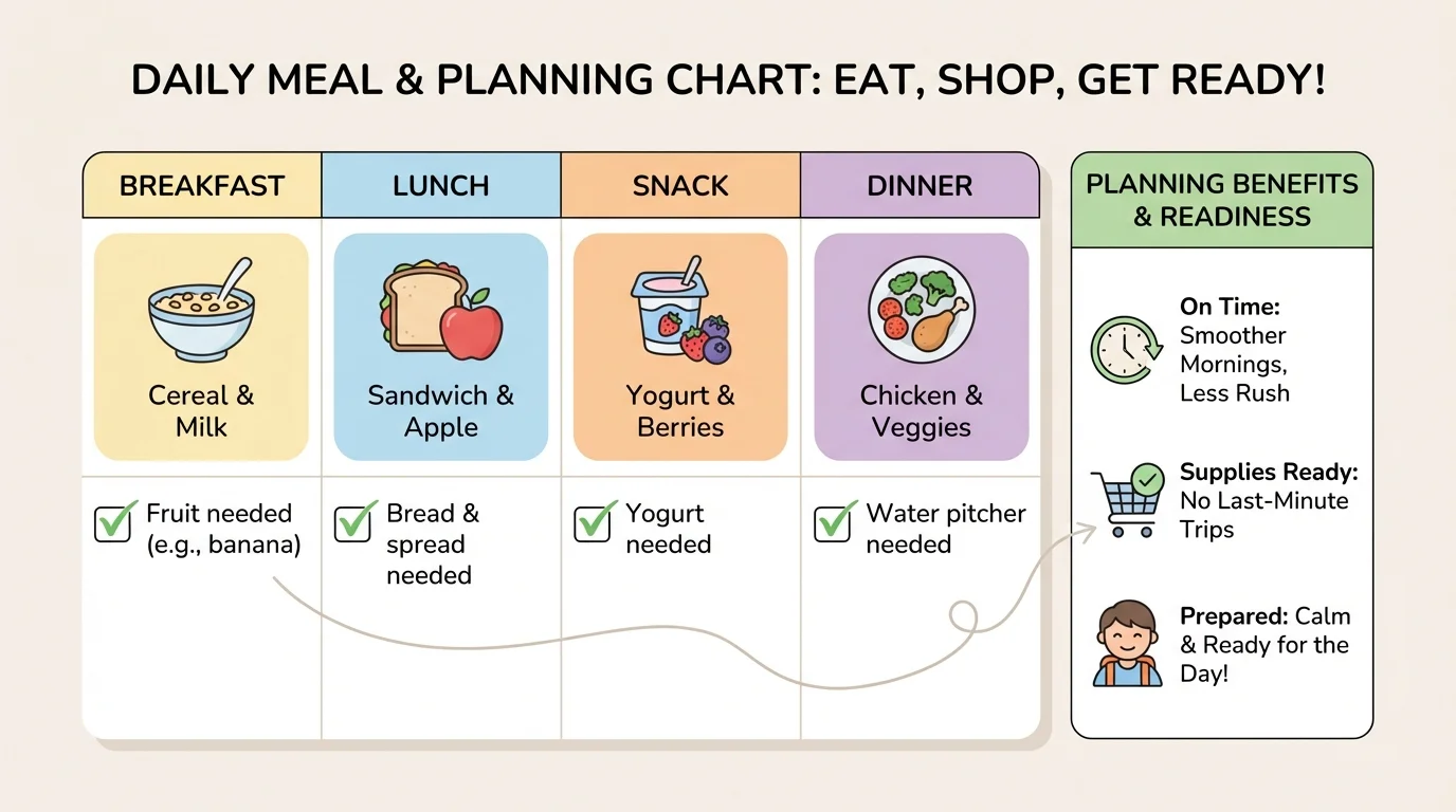 Child-friendly daily meal plan chart with breakfast, lunch, snack, and dinner in order, plus simple checkmarks for food items needed like fruit, bread, yogurt, and water