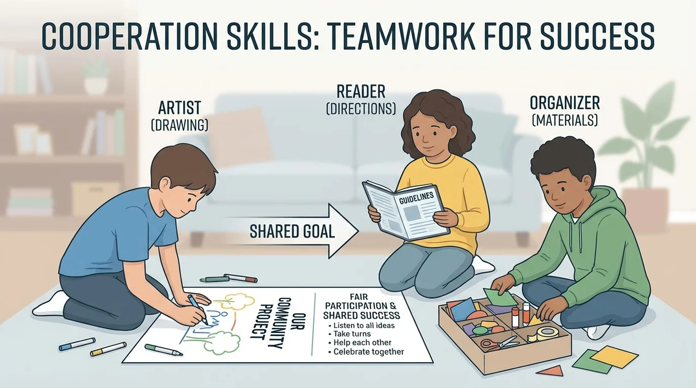 Small team making a poster at home or online, with one child drawing, one reading directions, and one organizing materials, all contributing