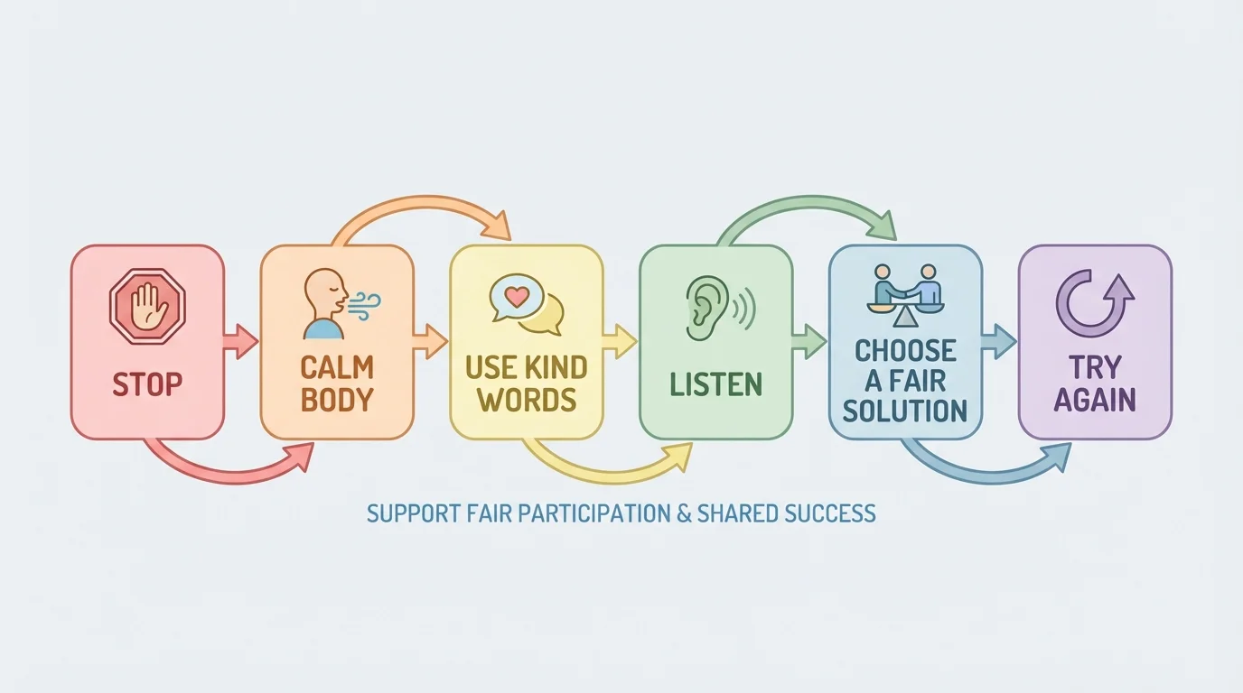 Child-friendly flowchart showing steps: stop, calm body, use kind words, listen, choose a fair solution, try again
