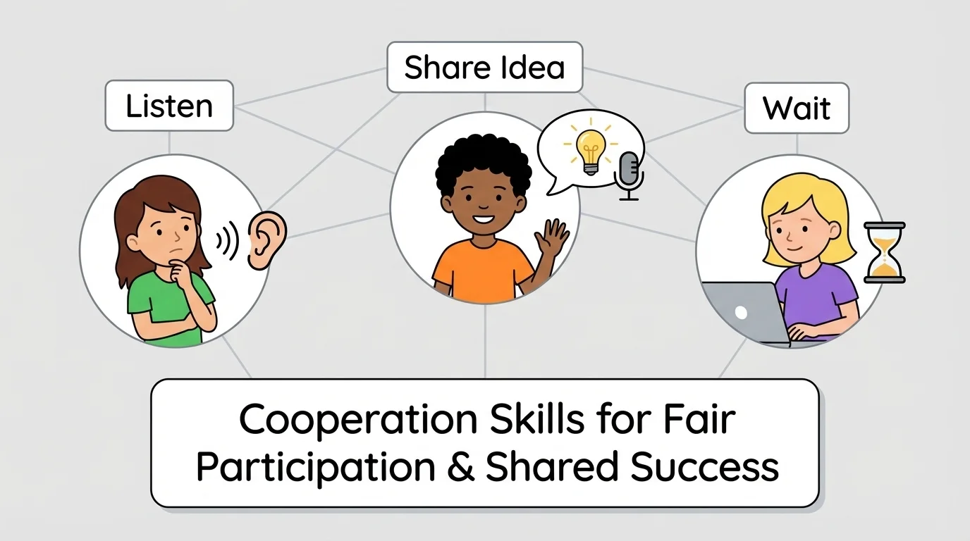 Three children on a video call taking turns speaking while one shares an idea and others listen, with simple labels like listen, wait, share