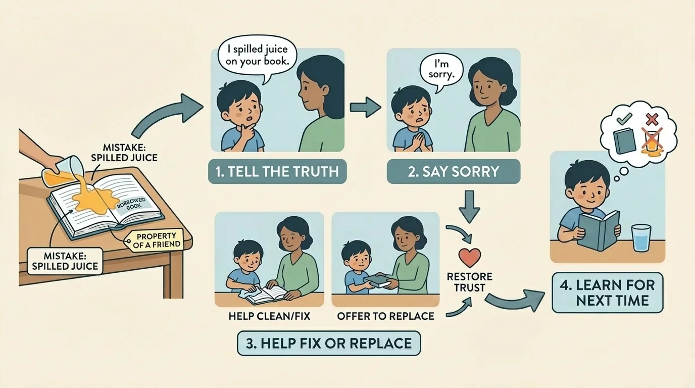 child spills juice on a borrowed book, then steps with arrows: tell the truth, say sorry, help fix or replace, learn for next time