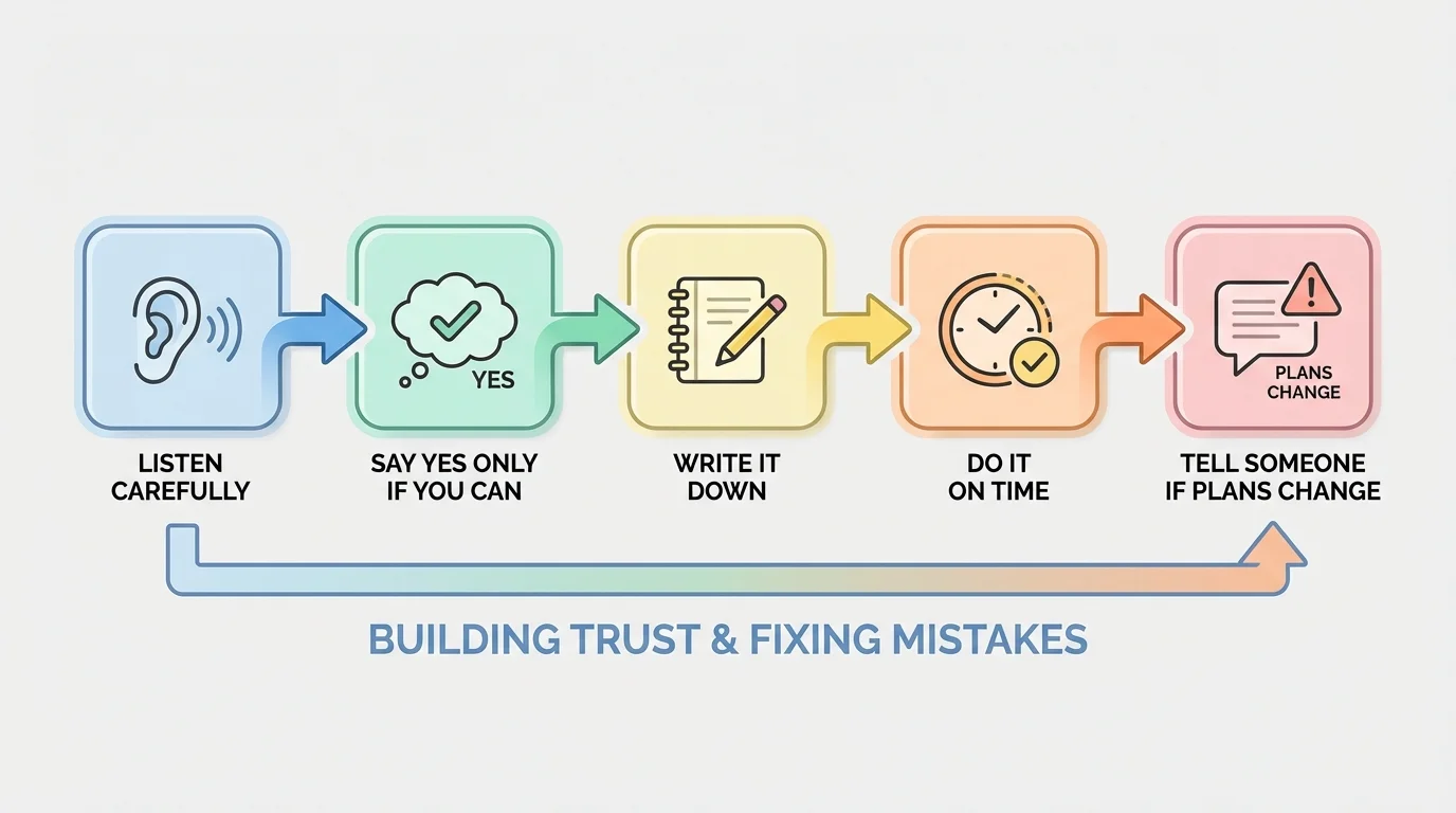 simple promise-keeping process with boxes and arrows labeled listen carefully, say yes only if you can, write it down, do it on time, tell someone if plans change