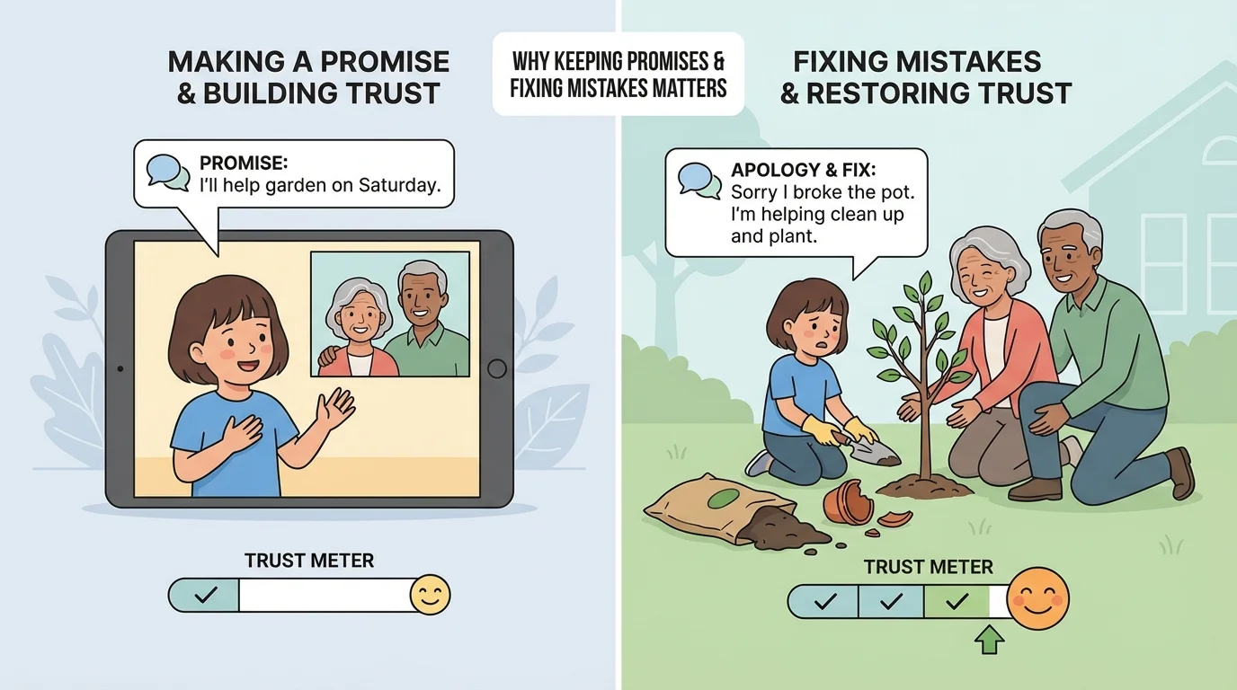 child making a promise on a video call and later helping as promised, with family members and friends showing growing trust through warm expressions and simple check marks
