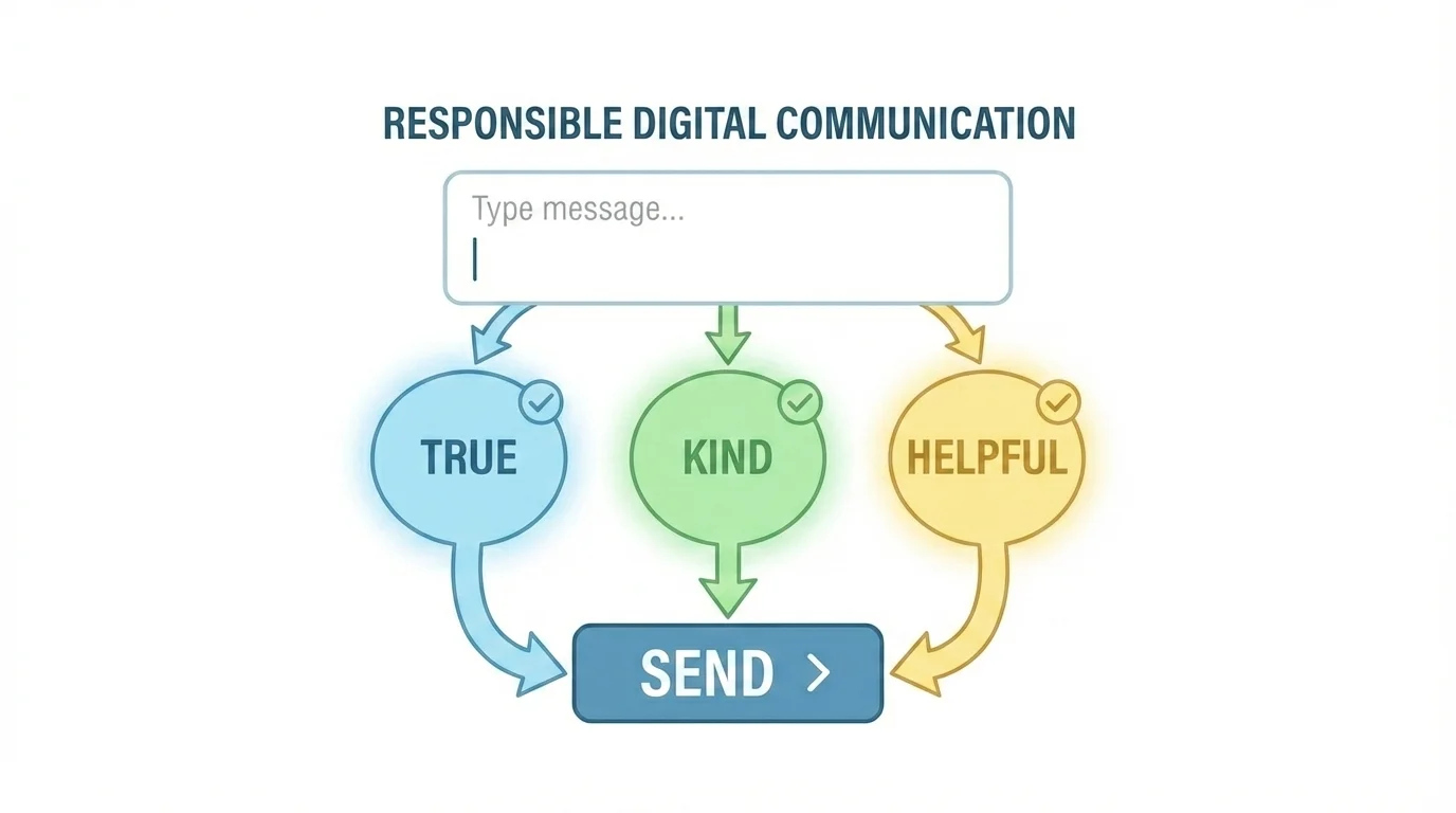 child at a tablet with a message box and three decision bubbles labeled true, kind, helpful before pressing send