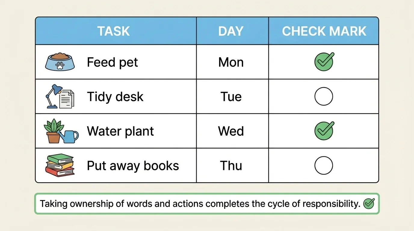 simple chore chart with columns for task, day, and check mark; tasks include feed pet, tidy desk, water plant, put away books