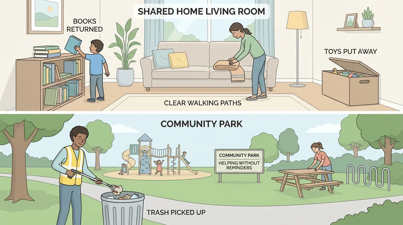 shared home living room and community park with toys put away, trash picked up, books neatly returned, and clear walking paths