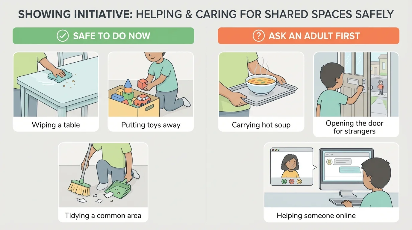 two-column safety chart labeled safe to do now and ask an adult first, with examples like wiping a table, carrying hot soup, putting toys away, opening the door, and helping online