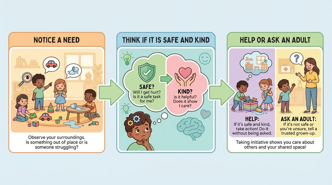 child-friendly three-step helper plan with boxes labeled notice a need, think if it is safe and kind, and help or ask an adult