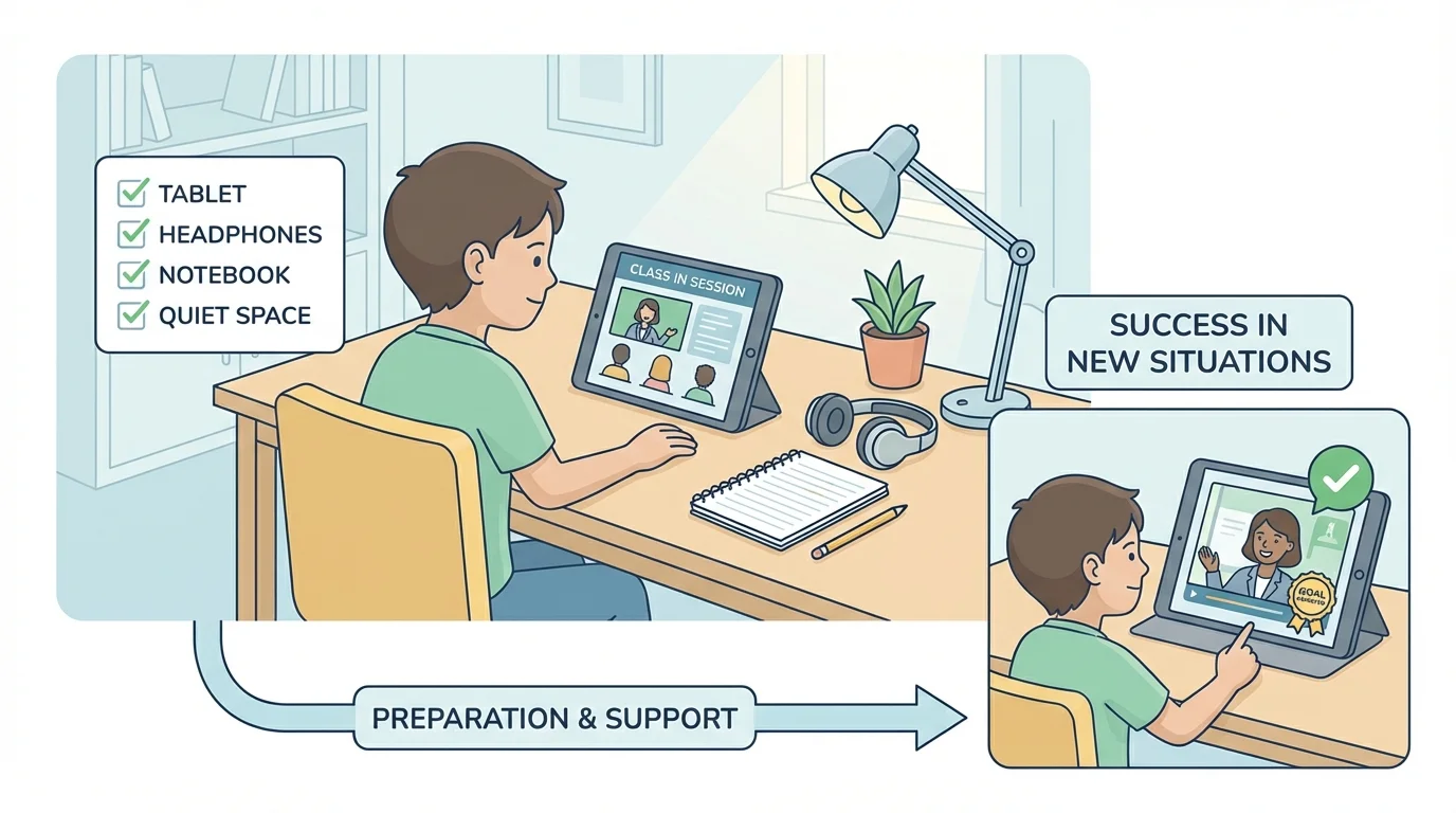 Child at home preparing for a new online class with checklist items like tablet, headphones, notebook, and quiet space