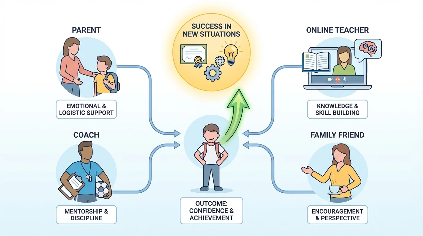 Simple support network illustration with a child in the center connected to parent, online teacher on laptop, coach, and family friend