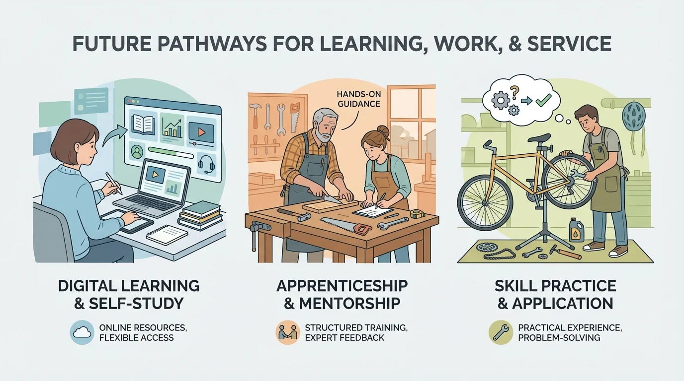 side-by-side scenes of continued learning: a person studying on a laptop, an apprentice learning from an adult craftsperson, and a learner practicing a skill such as cooking or fixing a bicycle