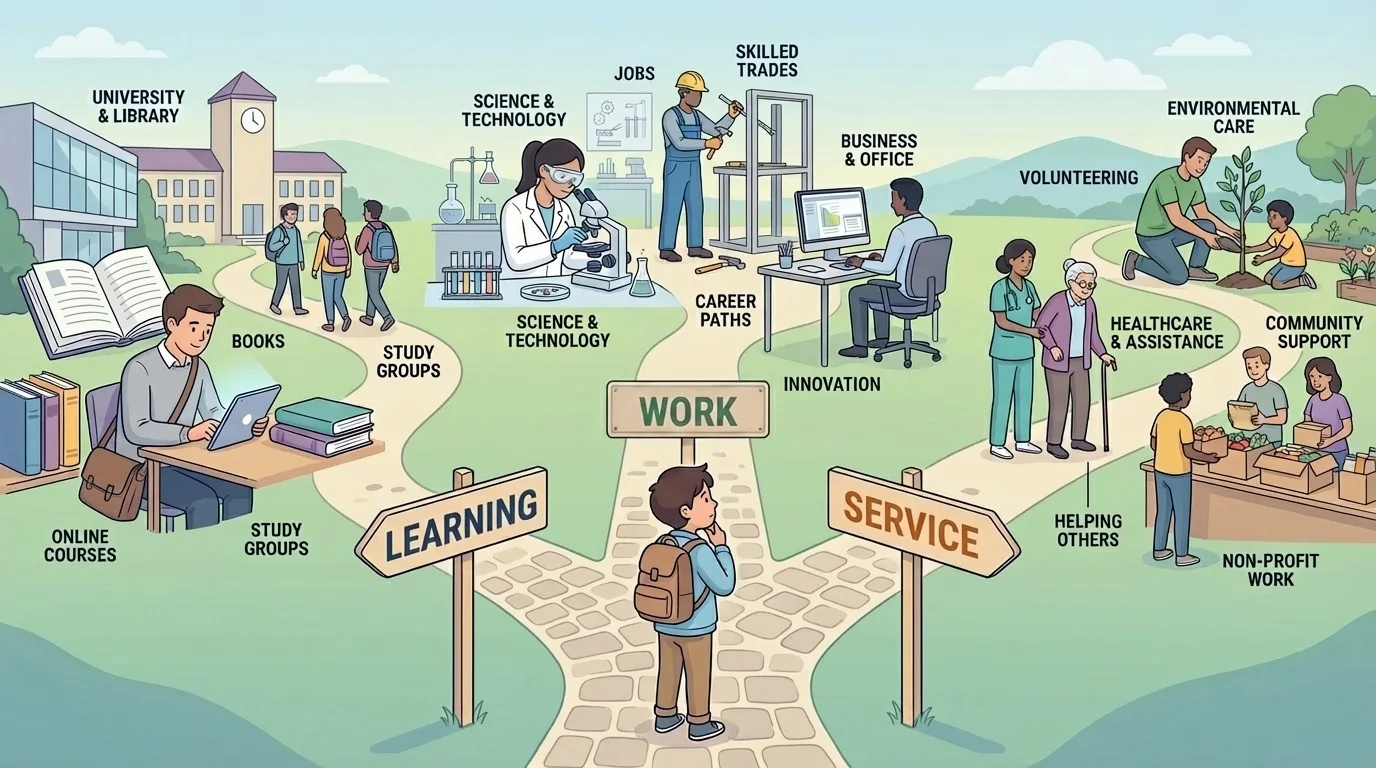 child standing at a path split with signs labeled learning, work, and service, each path leading to simple scenes such as studying, doing a job, and helping others