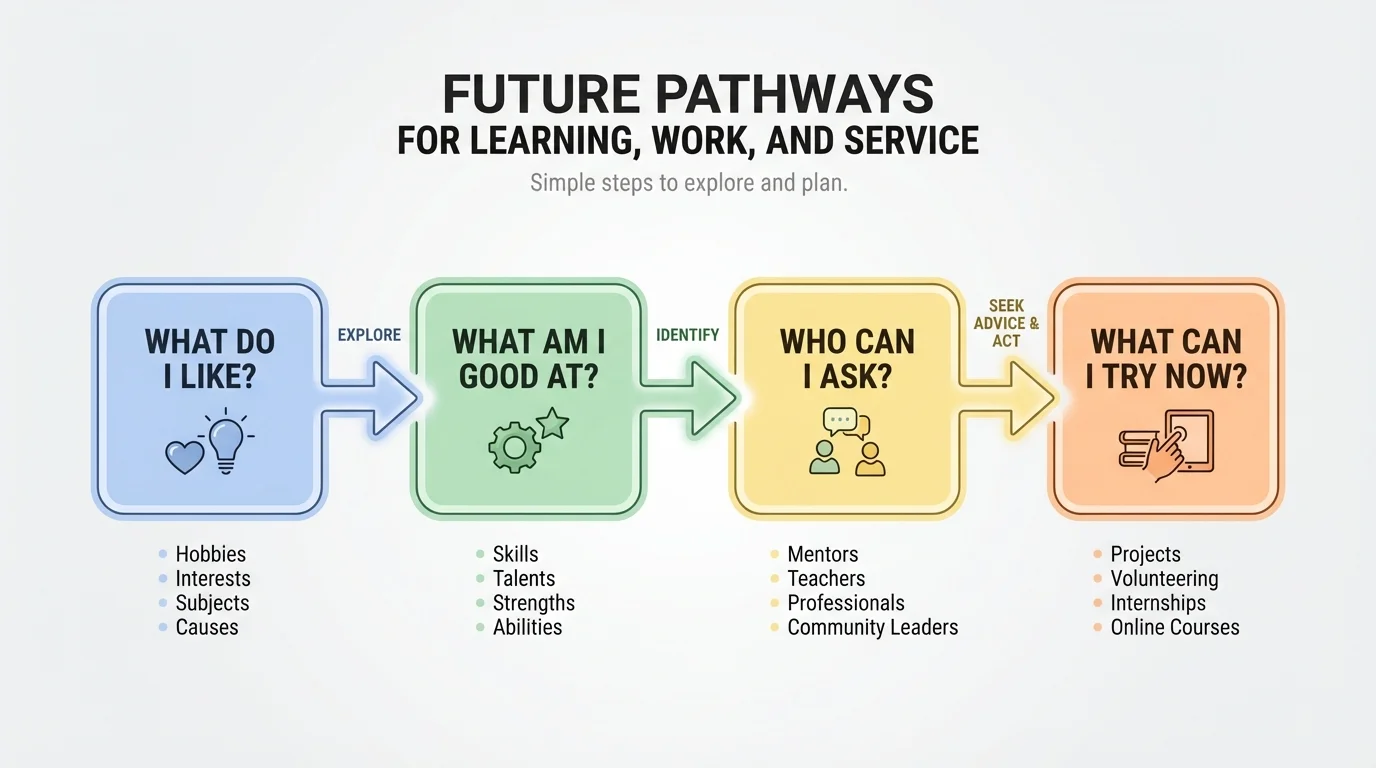 simple future planning flowchart with boxes labeled What do I like, What am I good at, Who can I ask, and What can I try now, connected by arrows
