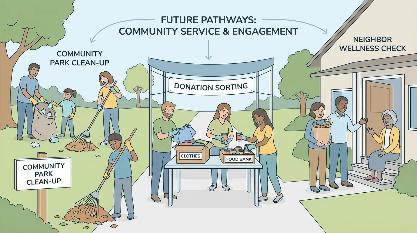 neighbors doing community service together, including cleaning a park, sorting donated items, and checking on an older neighbor