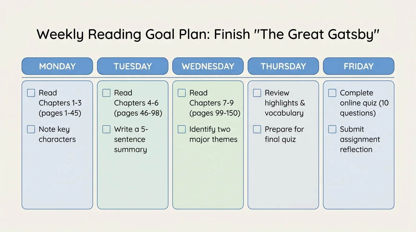 Chart showing a simple Monday-to-Friday checklist for finishing one reading assignment with boxes to check