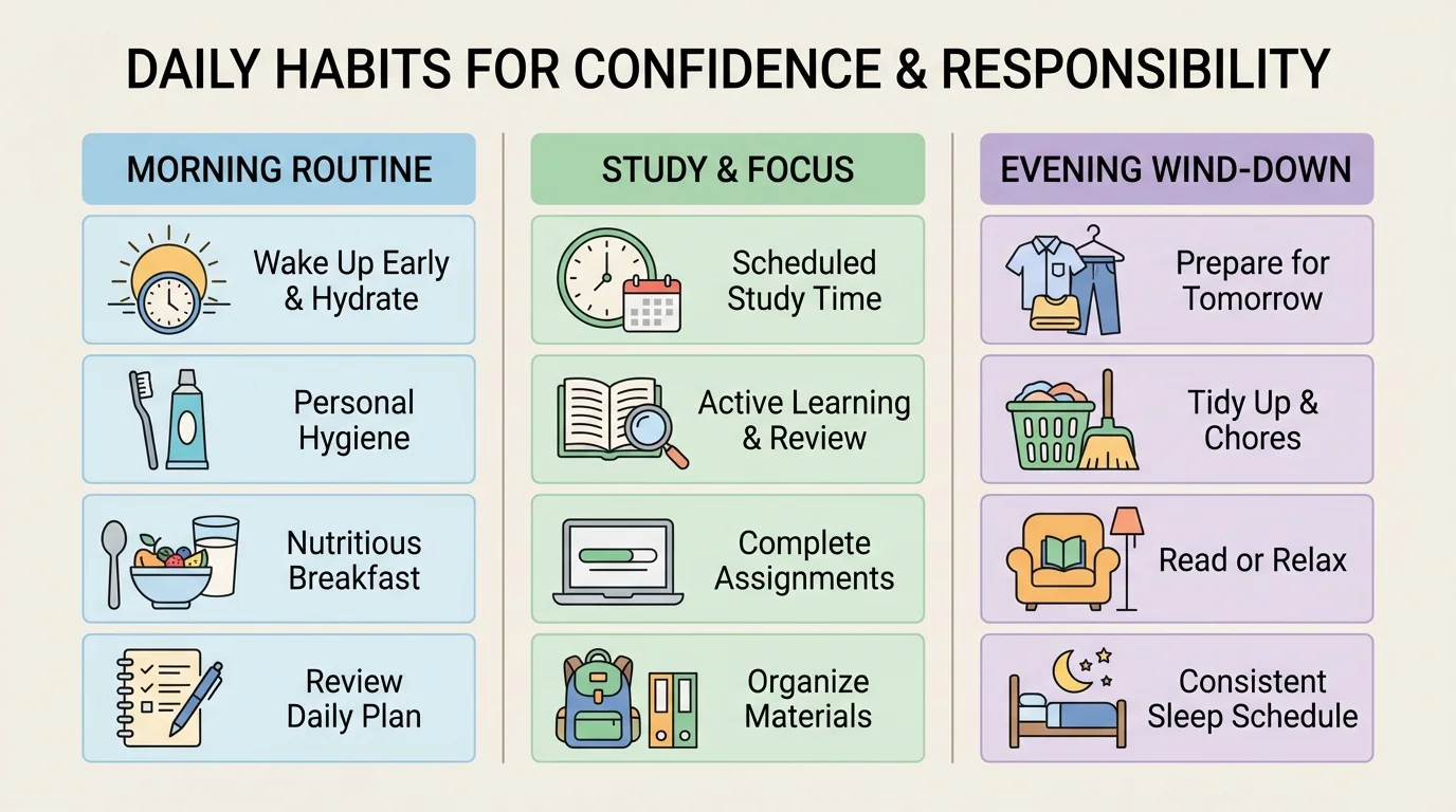 three-part daily routine chart with morning tasks, study-time tasks, and evening tasks, using simple icons like toothbrush, clock, book, laptop, and chore basket