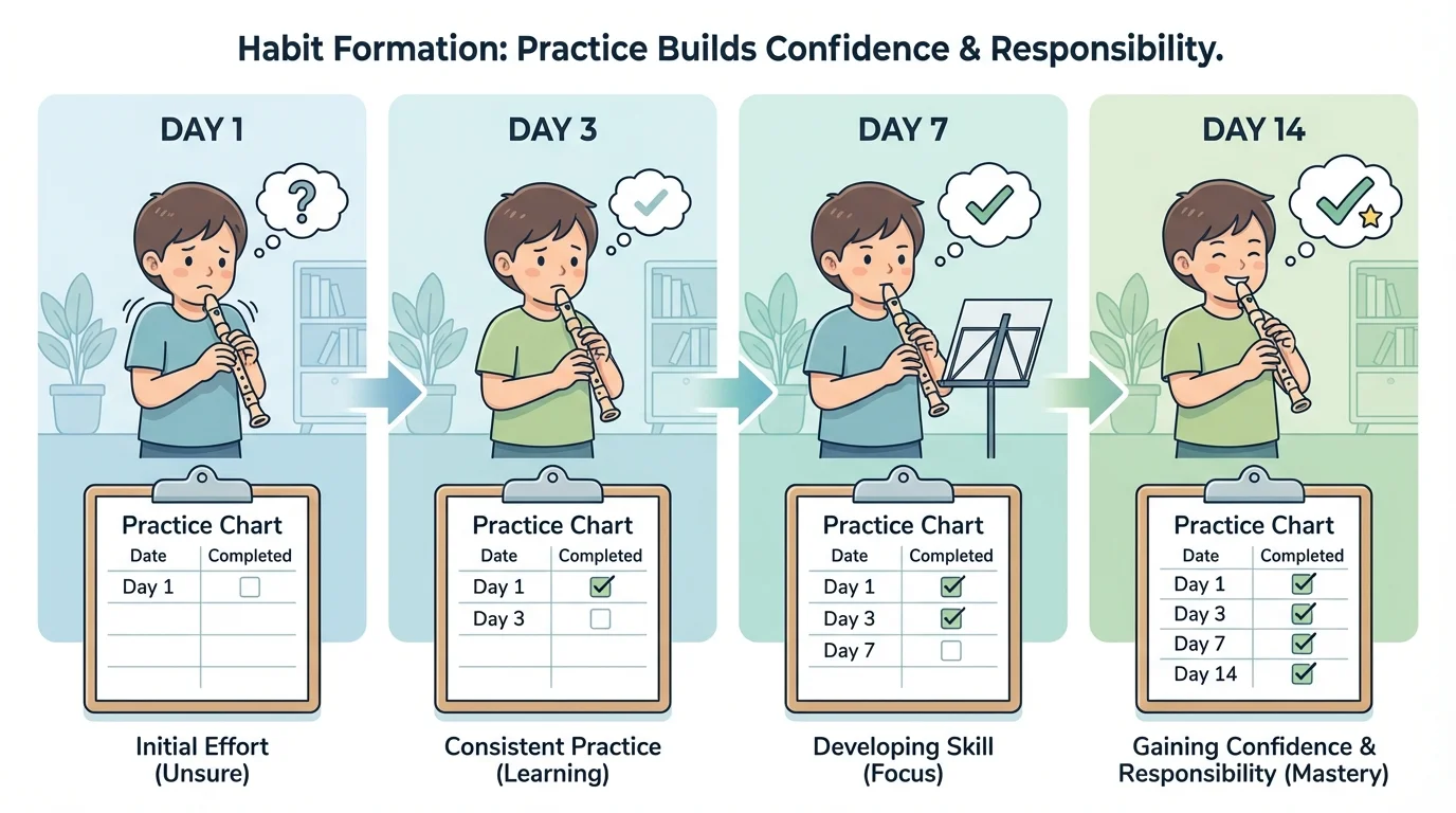 child practicing a skill across several days, looking unsure at first and more confident later, with a simple practice chart and checkmarks