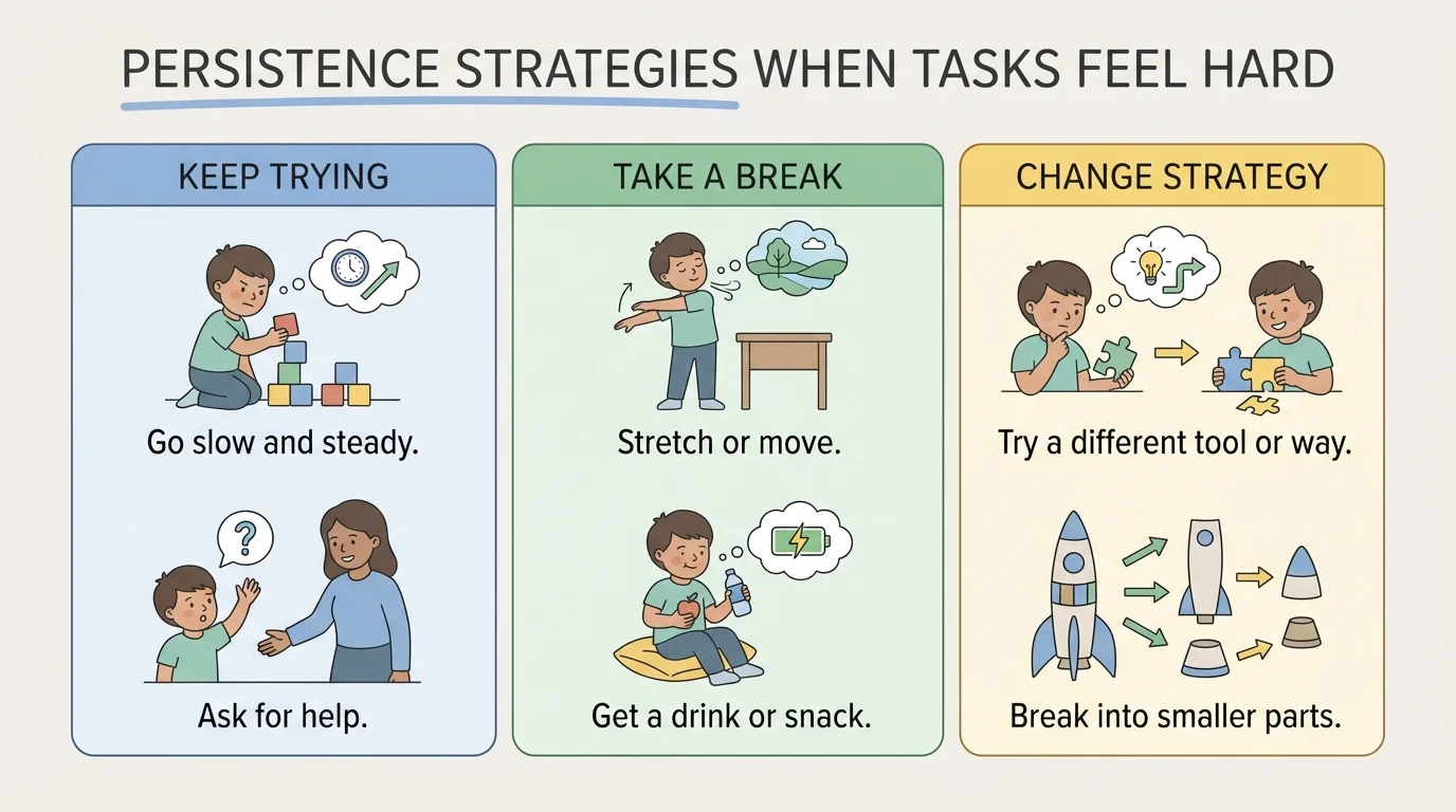 three-column chart labeled keep trying, take a break, change strategy, with simple child-friendly examples in each column