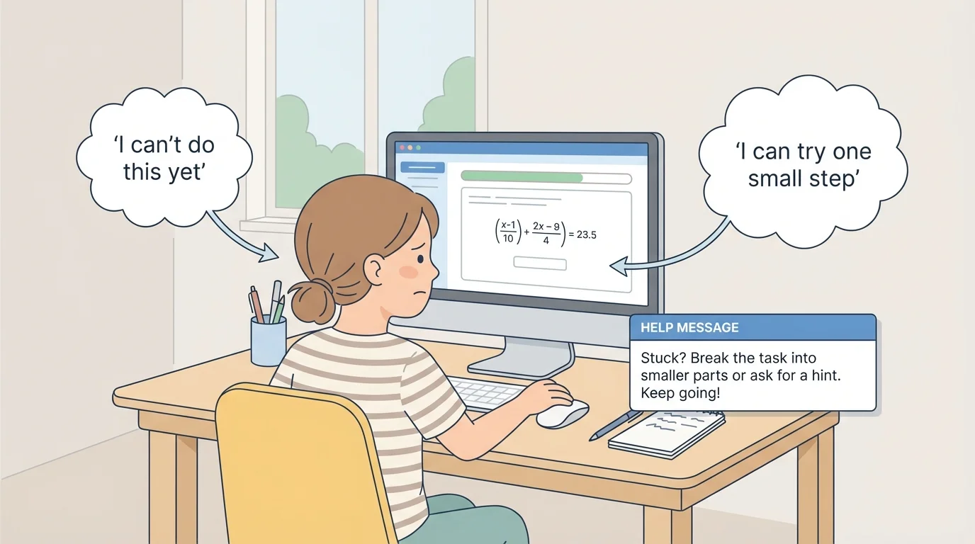 child at a home desk using a computer during online learning, with one thought bubble saying 'I can't do this yet' and another saying 'I can try one small step', plus a simple help message window