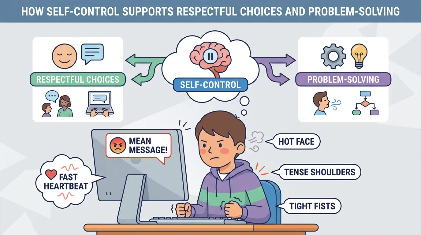 child at a computer noticing body signals like tight fists, fast heartbeat, hot face, and tense shoulders while upset by a message on screen