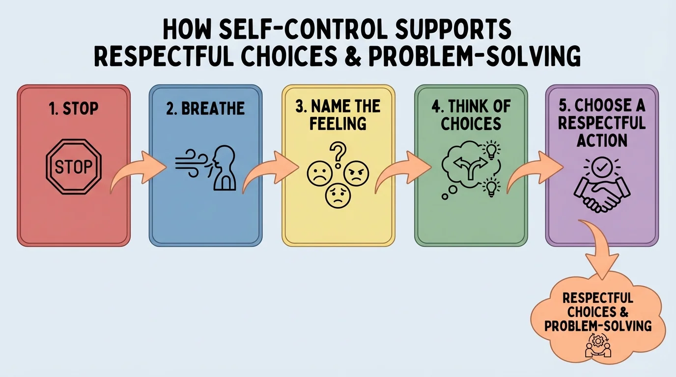 five-step flowchart with boxes labeled stop, breathe, name the feeling, think of choices, choose a respectful action