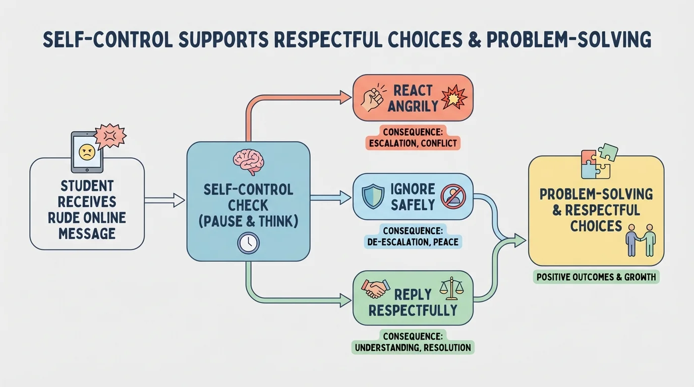 flowchart of a student receiving a rude online message and choosing between reacting angrily, ignoring safely, or replying respectfully, with short consequence labels