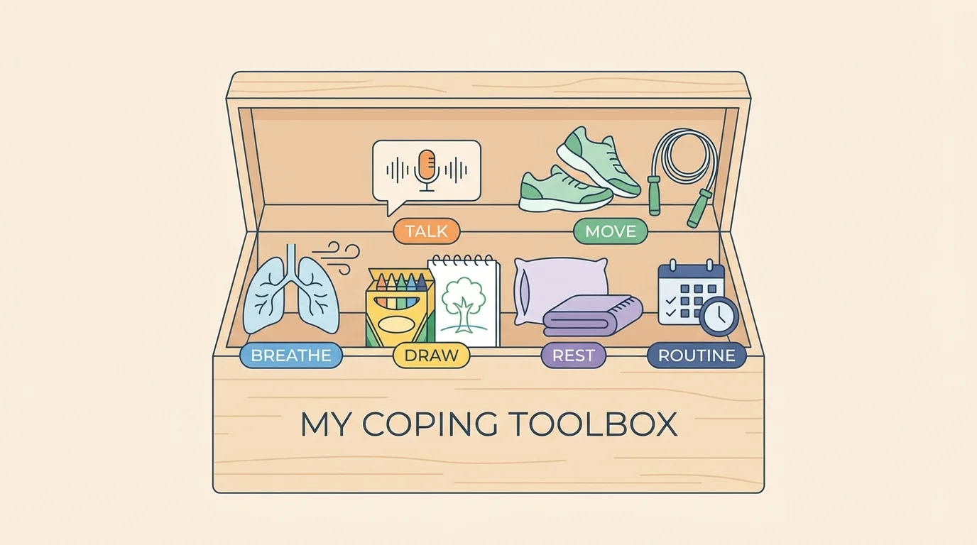 illustration of a child's coping toolbox with labeled tools like breathe, talk, draw, move, rest, and routine