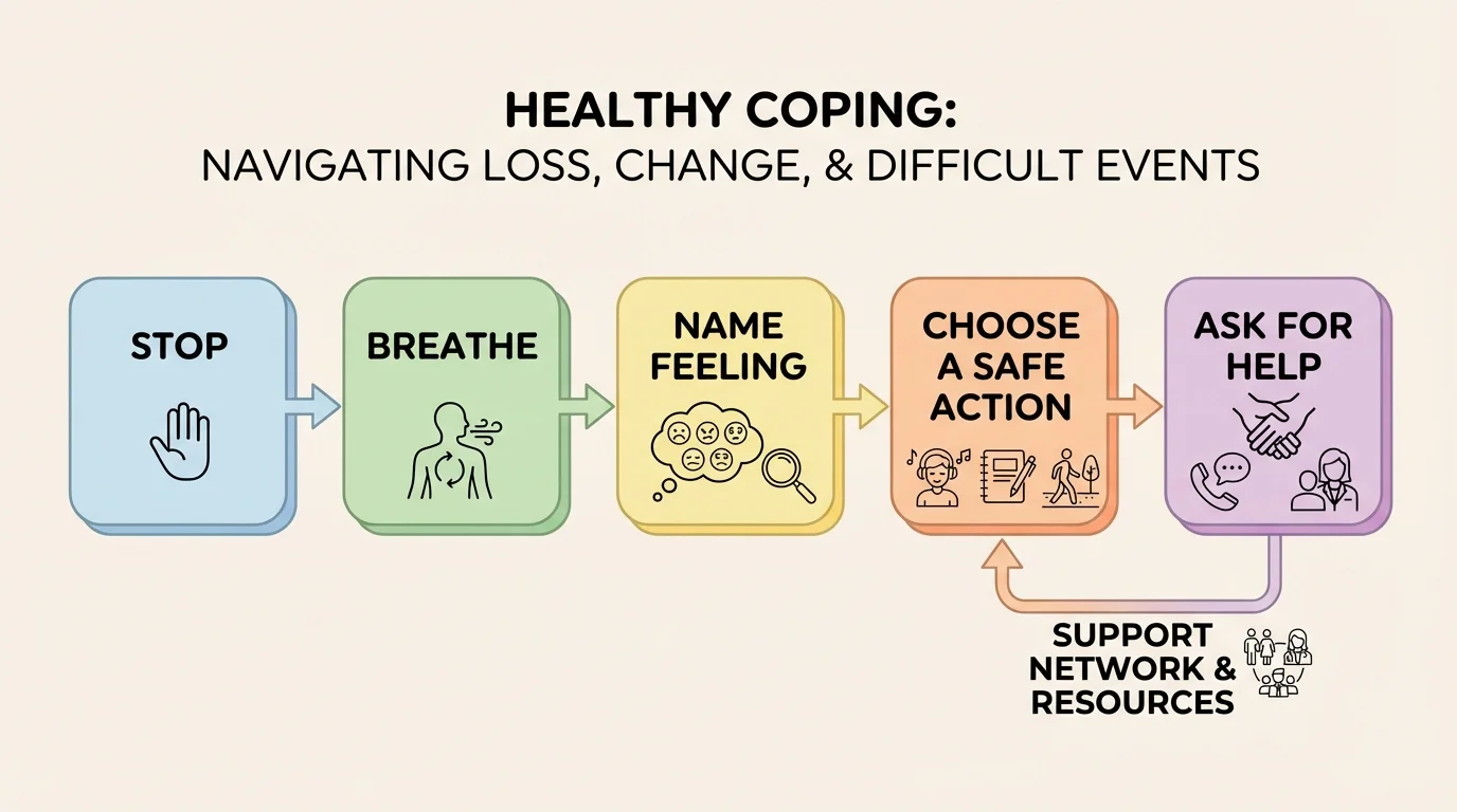 flowchart with steps stop, breathe, name feeling, choose a safe action, ask for help