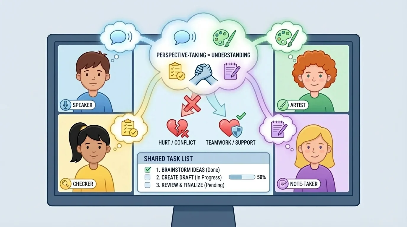 Online group meeting on a computer screen with four children, a shared task list, and simple role labels such as speaker, artist, checker, and note-taker