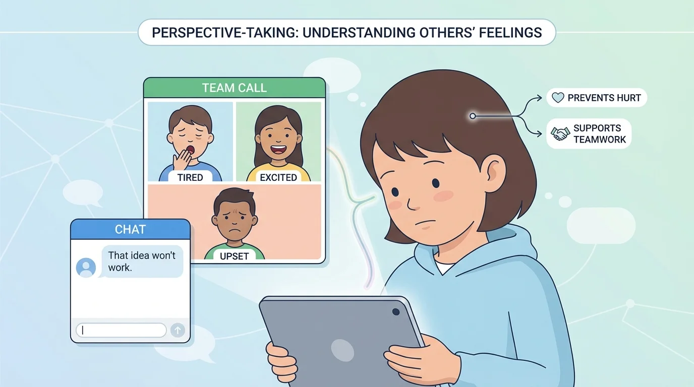Child looking at a tablet with a short chat message while a video-call window shows different expression clues such as tired, excited, and upset
