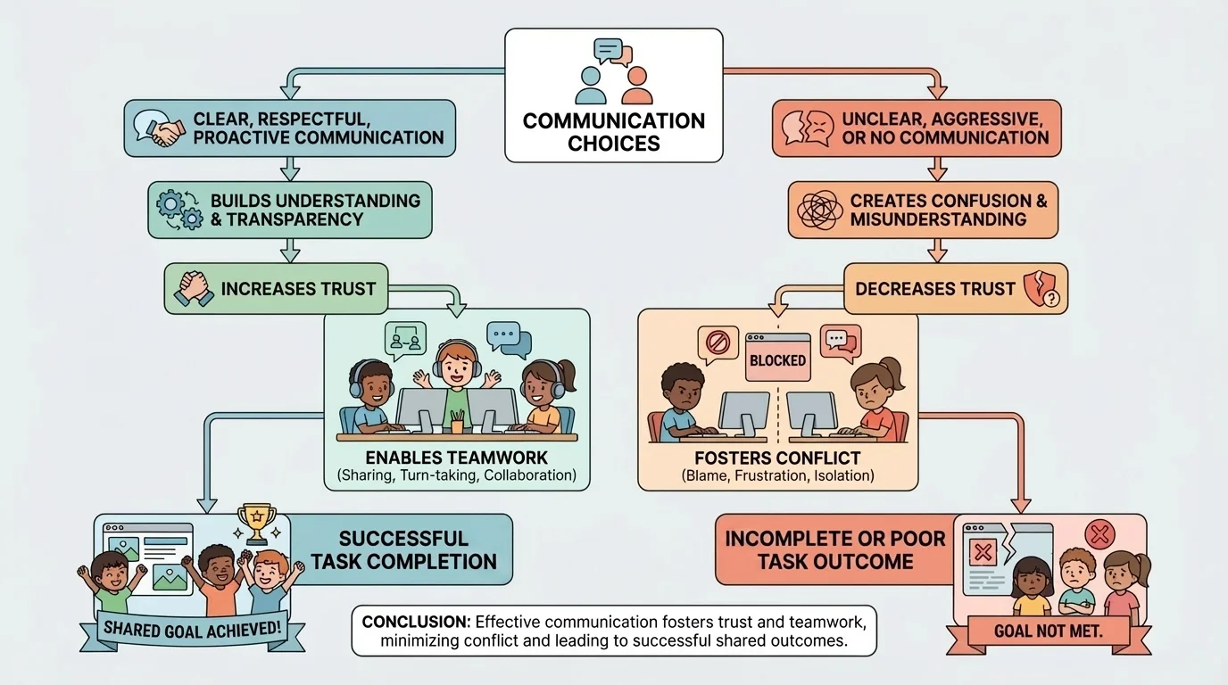 Flowchart showing three children working online, taking turns, sharing jobs, and finishing a task together
