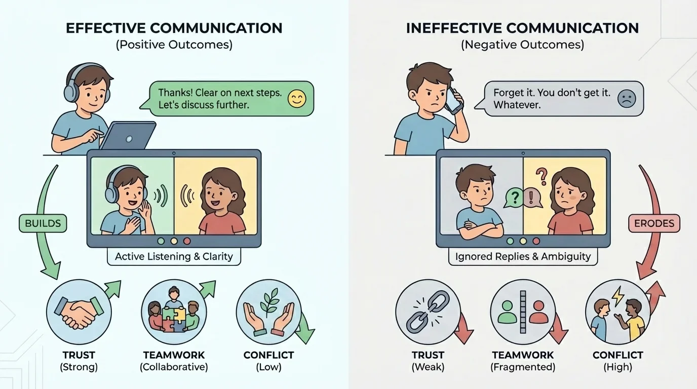 Two-column illustration showing a child sending a kind, clear message and listening on a video call versus sending a rude, unclear message and ignoring replies