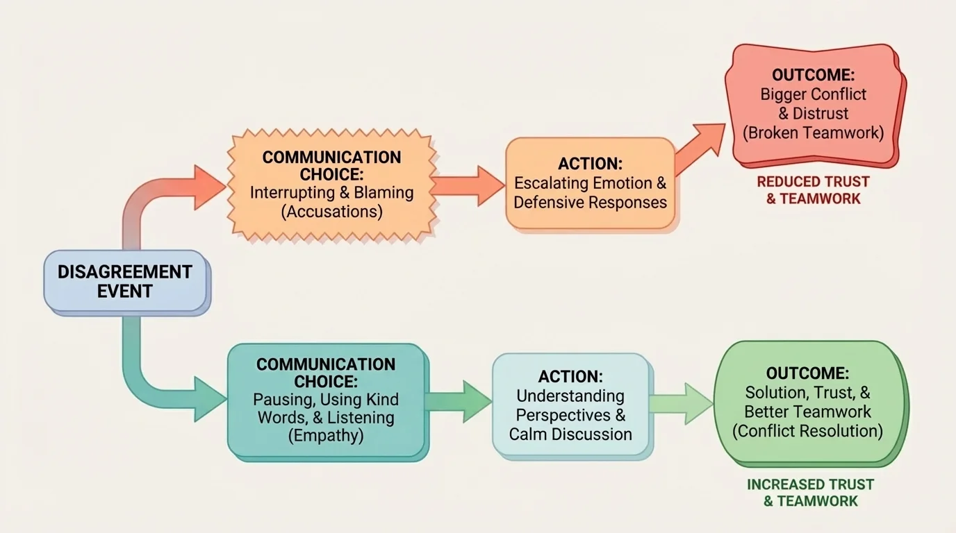 Flowchart comparing two paths after a disagreement: interrupting and blaming leads to bigger conflict, while pausing, using kind words, and listening leads to a solution