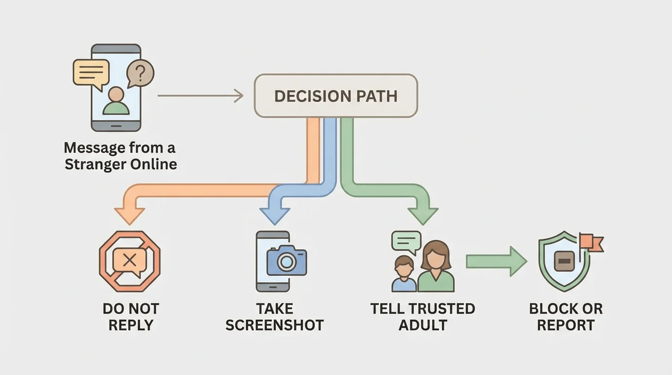message from a stranger online with decision path showing do not reply, take screenshot, tell trusted adult, block or report