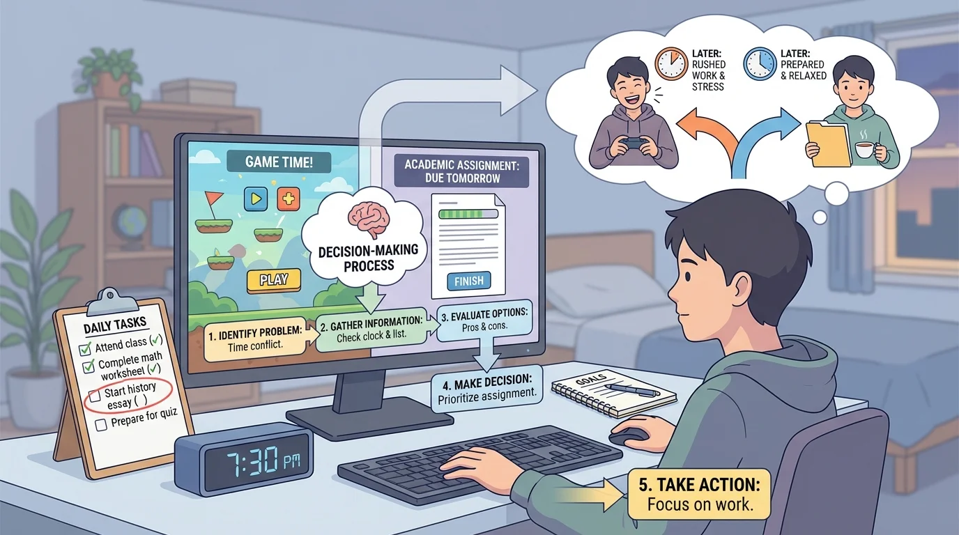 student at home computer choosing between playing a game and finishing an assignment with a checklist and clock visible