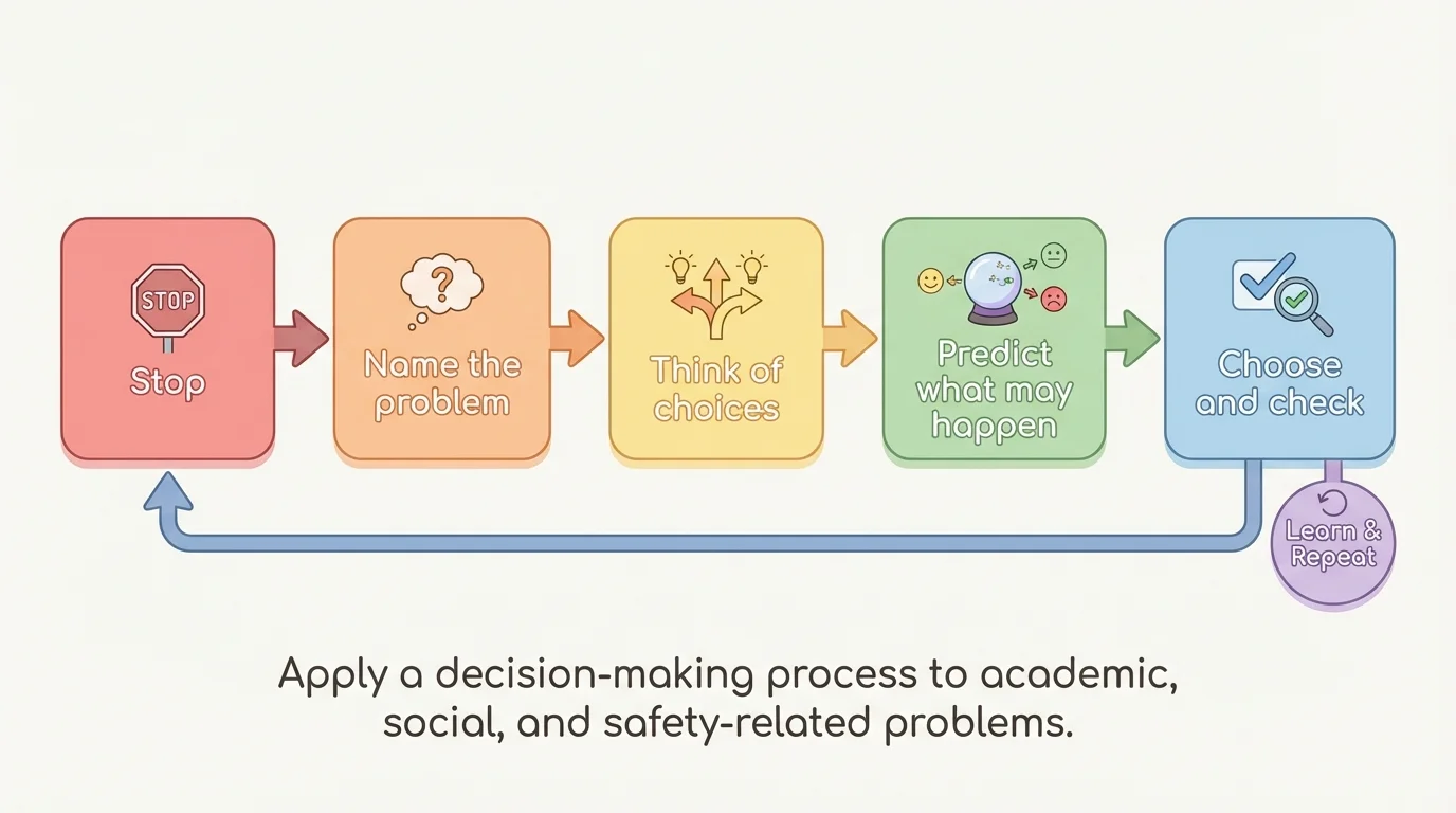 child-friendly flowchart with boxes labeled Stop, Name the problem, Think of choices, Predict what may happen, Choose and check