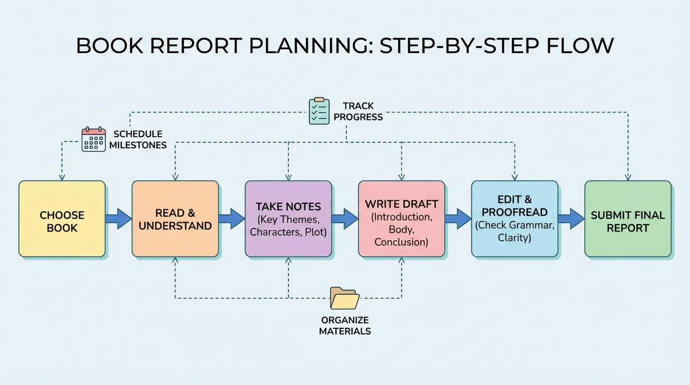 flowchart showing a book report broken into choose book, read, notes, draft, edit, submit