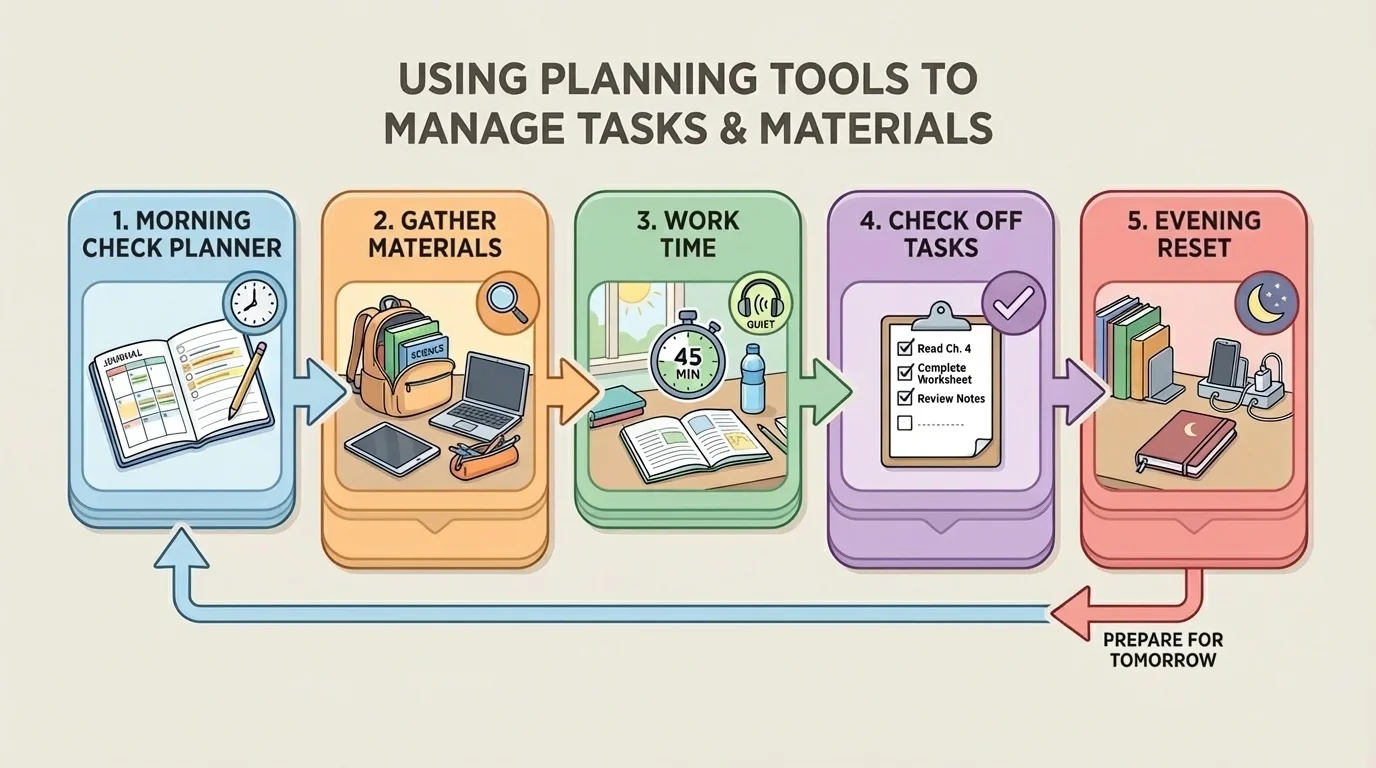 flowchart with morning check planner, gather materials, work time, check off tasks, evening reset