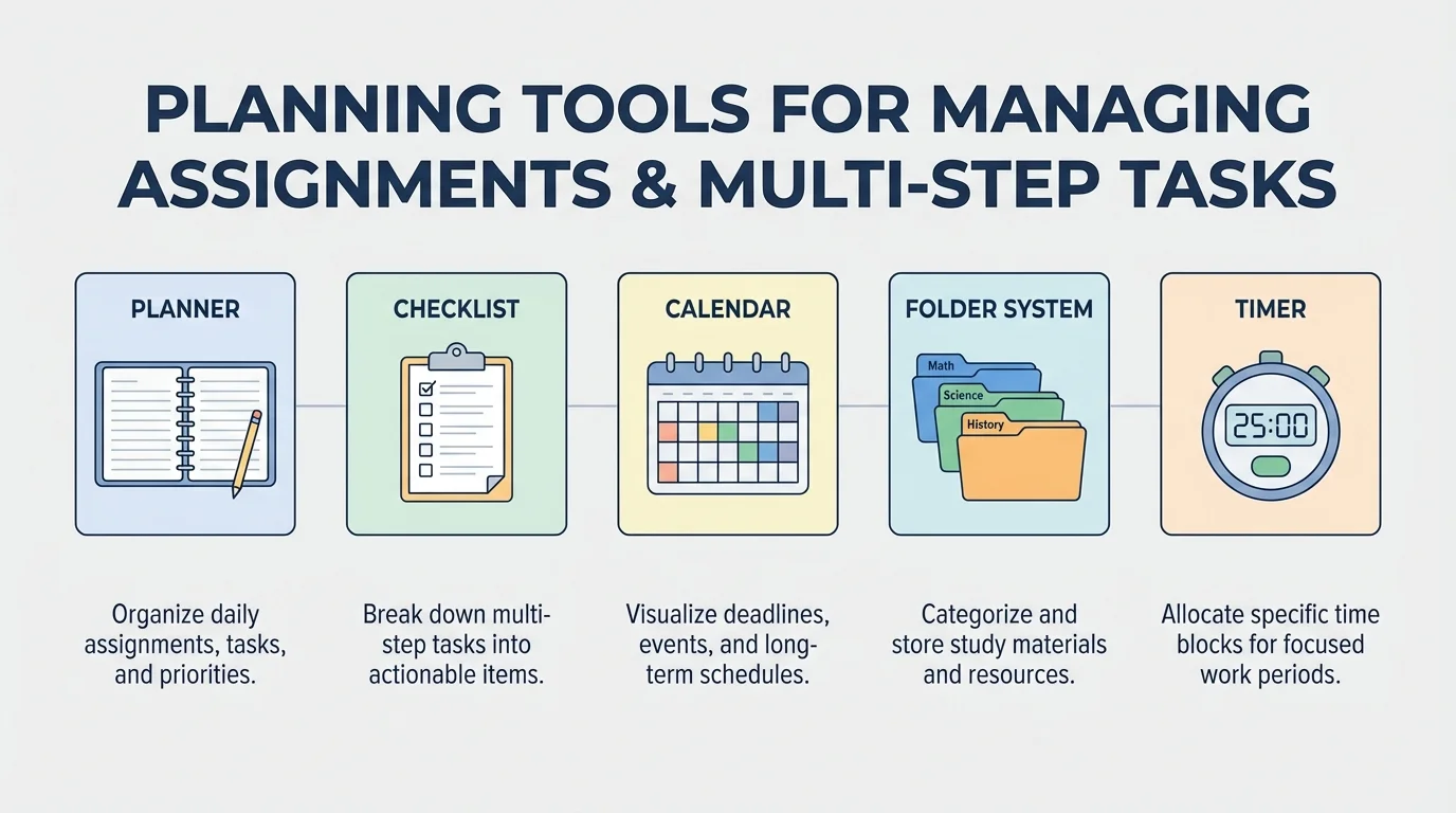 chart showing planner, checklist, calendar, folder system, and timer with a simple use for each