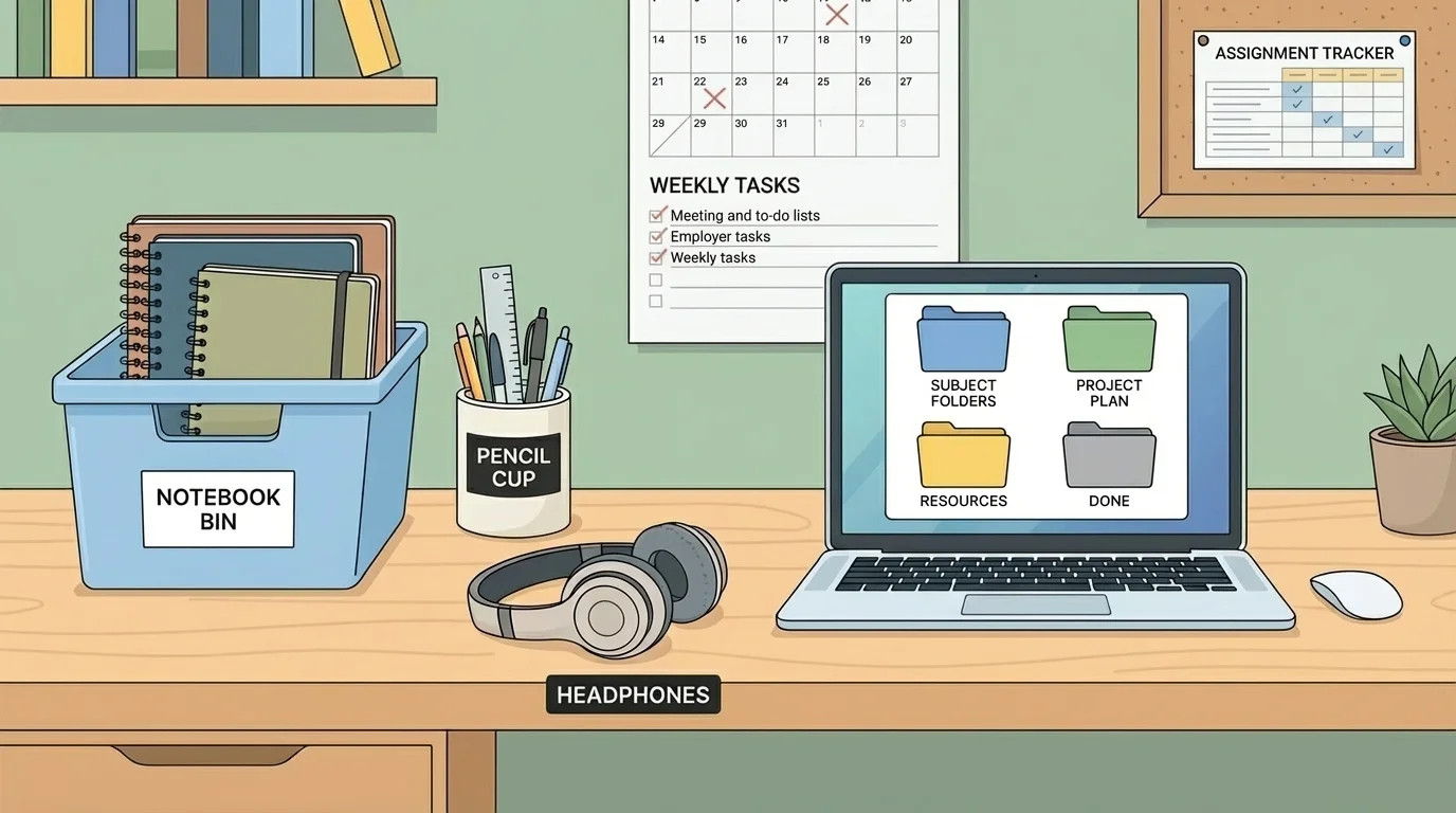 illustration of a home study area with labeled notebook bin, pencil cup, headphones, and laptop folders on screen
