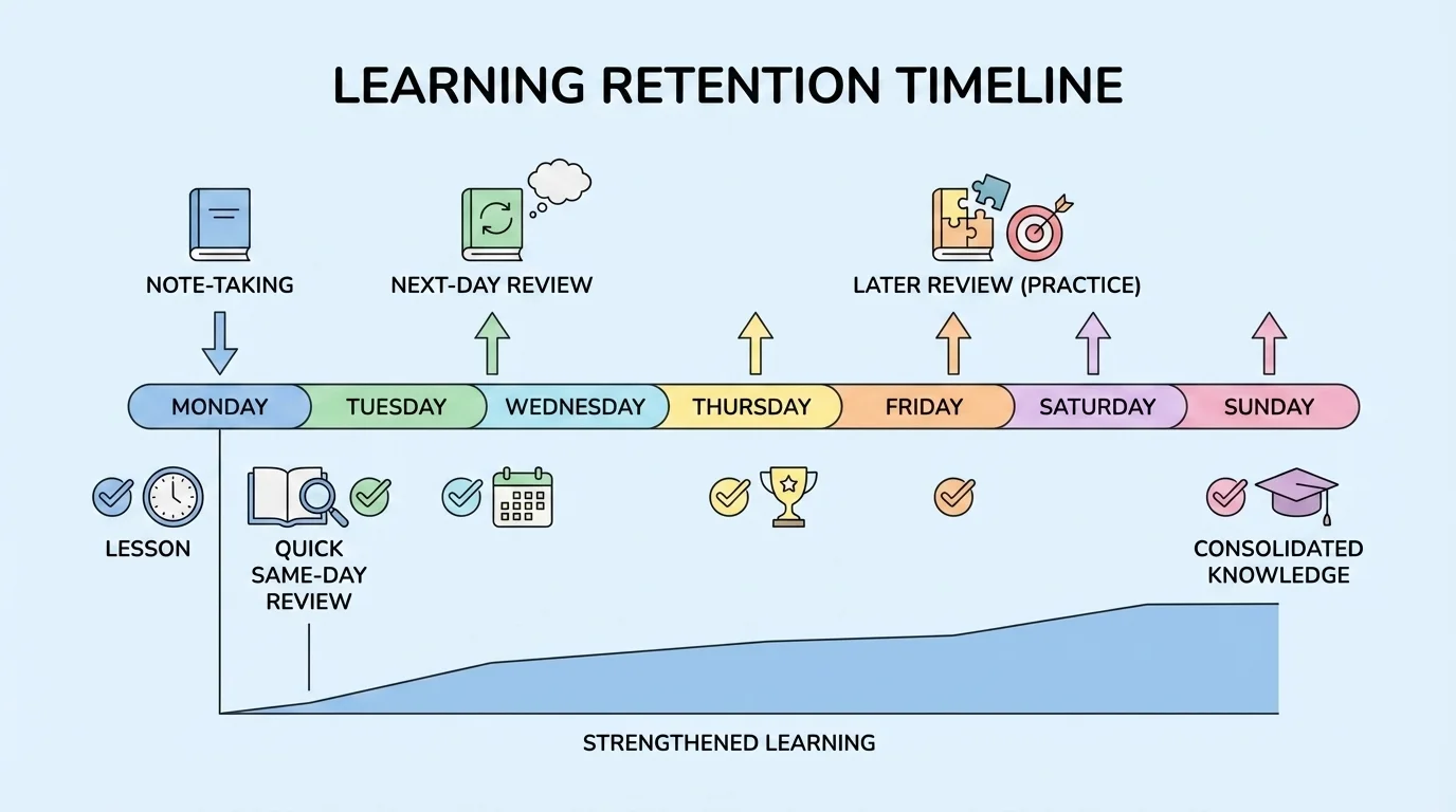 Simple weekly timeline showing lesson day, quick same-day review, next-day review, and later review check marks